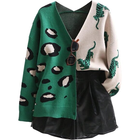 Sweaters - Women's Leopard Tiger Print Cardigan V Neck Long Sleeve Color Block Sweater